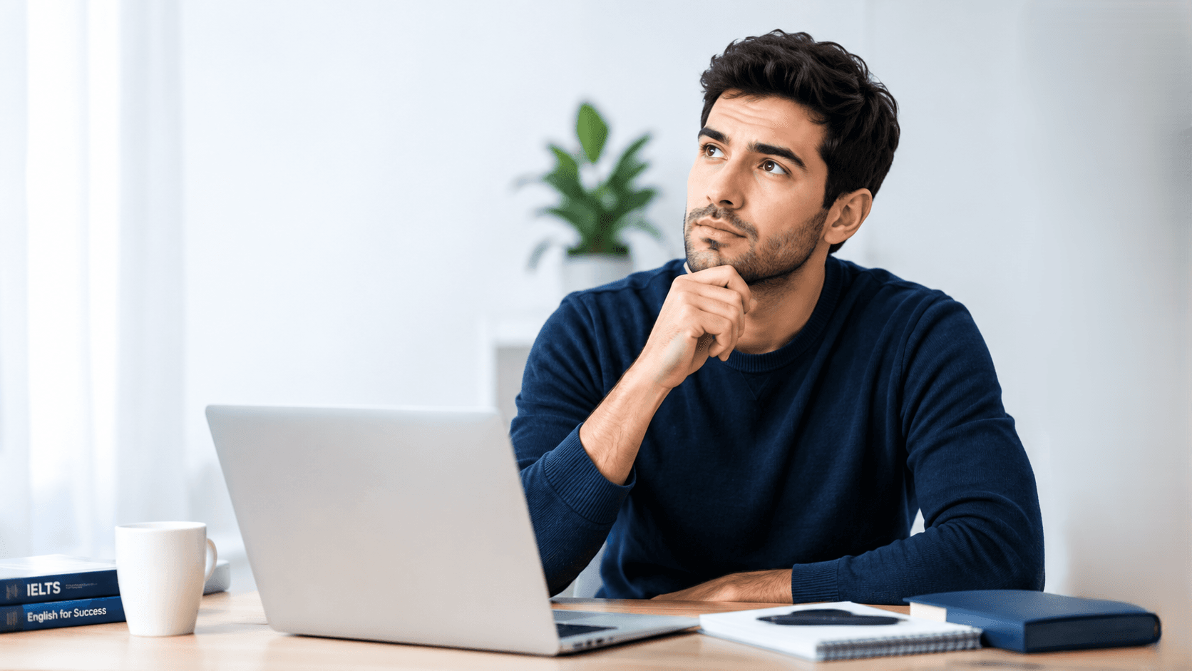 An IELTS student thinking at his laptop, preparing for the test